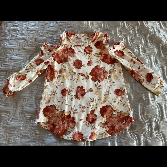 Lily Bleu Girls Cold Shoulder 3/4 Sleeve Floral Top Sz L(12-14),White Dusty Rose - Picture 1 of 5